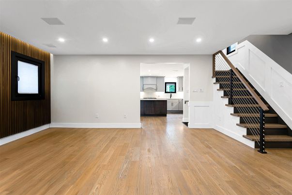 Empty room, Interior, Kitchen, Recessed Lighting, Wood Texture Flooring