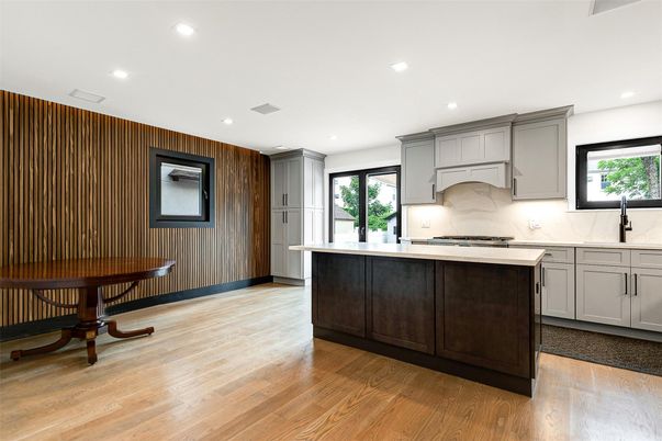 Interior, Kitchen, Marble Walls, Recessed Lighting, Wood Texture Flooring