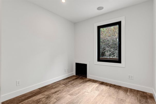 Empty room, Fireplace, Interior, Recessed Lighting, Wood Texture Flooring
