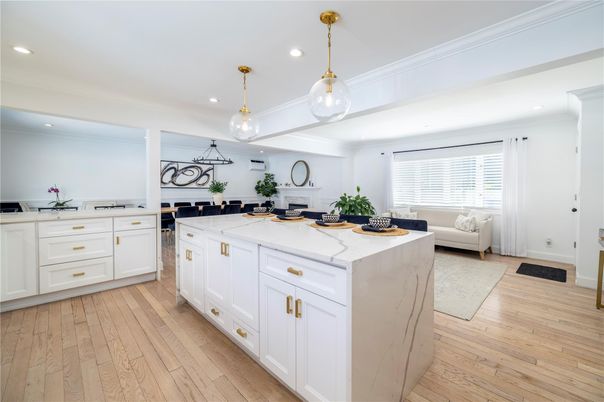 Interior, Kitchen, Pendant Lights, Recessed Lighting, Wood Texture Flooring