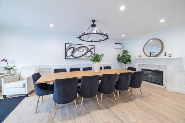 Chandelier, Dining room, Fireplace, Interior, Recessed Lighting, Wood Texture Flooring
