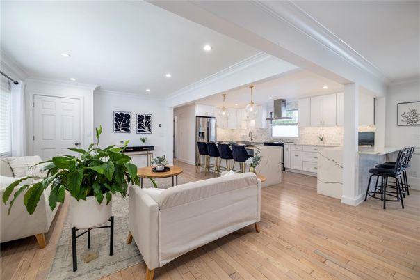 Interior, Kitchen, Living room, Pendant Lights, Recessed Lighting, Stainless Steel Appliances, Wood Texture Flooring