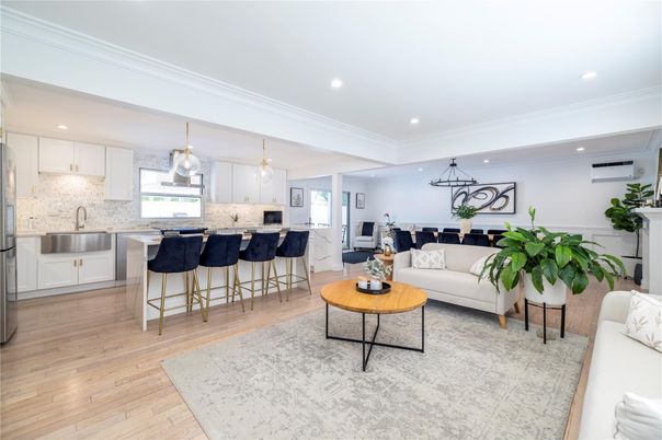 Interior, Kitchen, Living room, Pendant Lights, Recessed Lighting, Wood Texture Flooring
