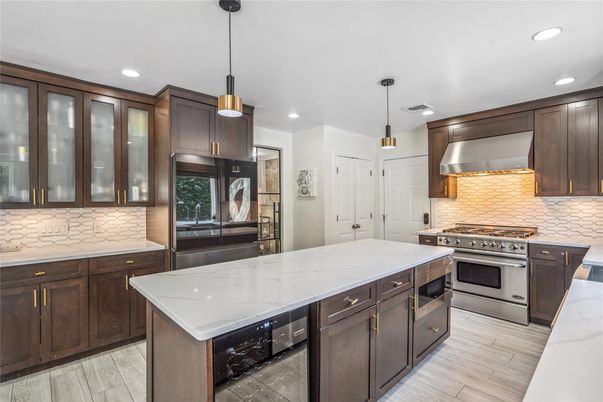 Interior, Kitchen, Pendant Lights, Recessed Lighting, Stainless Steel Appliances, Wood Texture Flooring
