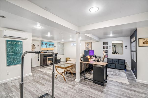 Fireplace, Home Office, Interior, Recessed Lighting, Wood Texture Flooring