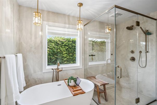 Bathroom, Glass Shower, Interior, Pendant Lights