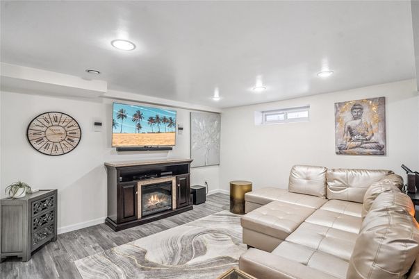 Fireplace, Interior, Living room, Recessed Lighting, Wood Texture Flooring