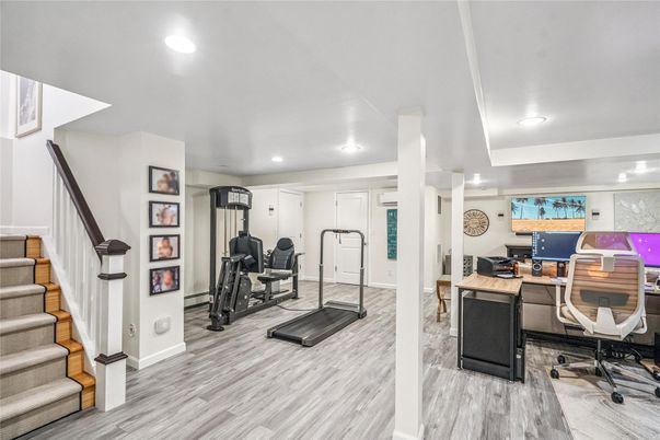 Fitness Equipment, Home Office, Interior, Recessed Lighting, Wood Texture Flooring