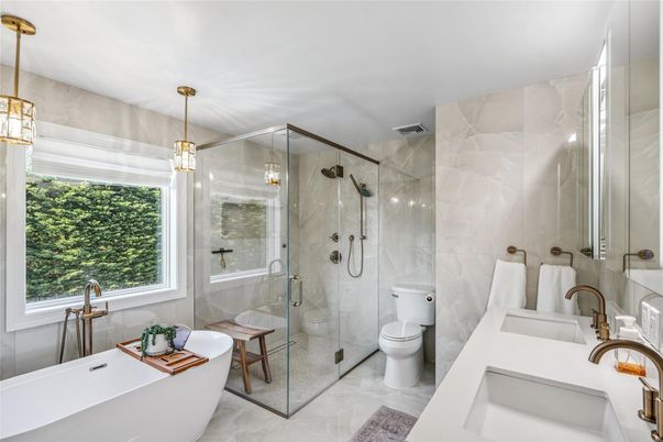 Bathroom, Dual Sink Vanities, Free Standing Baths, Glass Shower, Interior, Pendant Lights