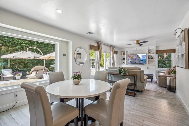 Dining room, Interior, Living room, Recessed Lighting, Wood Texture Flooring