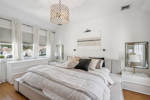 Bedroom, Interior, Pendant Lights, Wood Texture Flooring