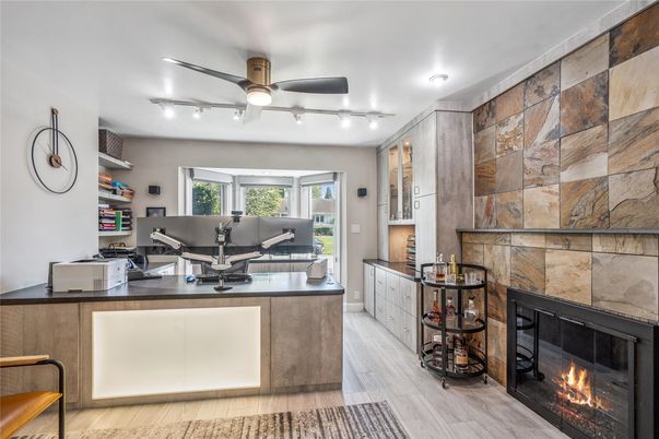 Fireplace, Interior, Recessed Lighting, Stone Walls, Wood Texture Flooring