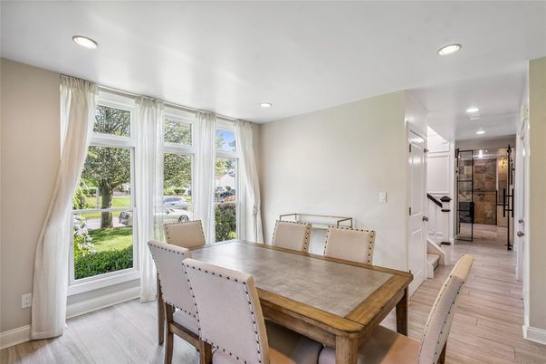 Dining room, Interior, Recessed Lighting, Wood Texture Flooring