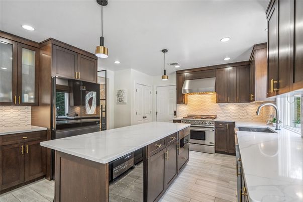 Interior, Kitchen, Pendant Lights, Recessed Lighting, Stainless Steel Appliances, Wood Texture Flooring