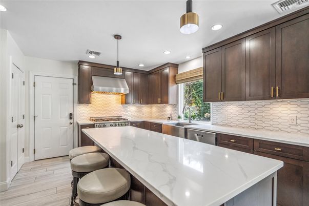 Interior, Kitchen, Pendant Lights, Recessed Lighting, Stainless Steel Appliances, Wood Texture Flooring