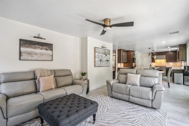 Interior, Kitchen, Living room, Recessed Lighting, Stainless Steel Appliances, Wood Texture Flooring