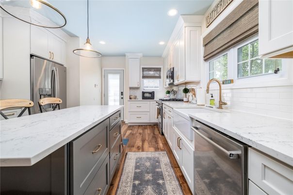 Interior, Kitchen, Pendant Lights, Recessed Lighting, Stainless Steel Appliances, Wood Texture Flooring