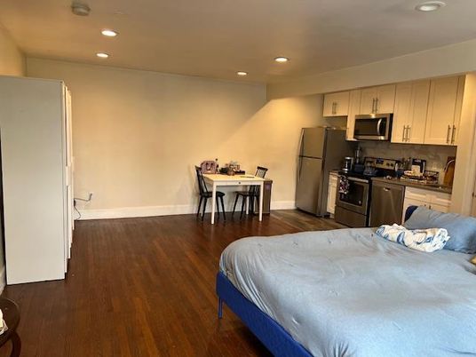 Bedroom, Dining room, Interior, Kitchen, Recessed Lighting, Wood Texture Flooring