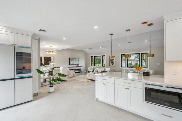 Chandelier, Dining room, Fireplace, Interior, Kitchen, Living room, Marble, Pendant Lights, Recessed Lighting