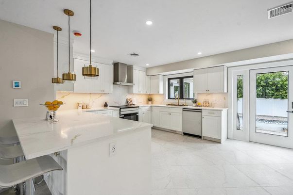 Interior, Kitchen, Marble, Pendant Lights, Recessed Lighting, Stainless Steel Appliances