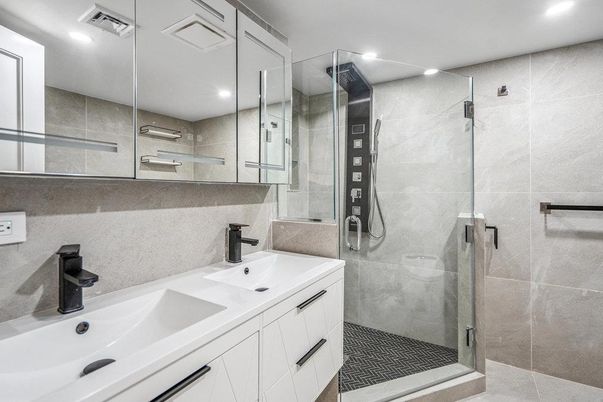 Bathroom, Dual Sink Vanities, Glass Shower, Interior, Recessed Lighting