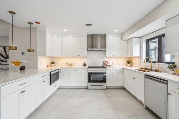 Interior, Kitchen, Marble, Pendant Lights, Recessed Lighting, Stainless Steel Appliances