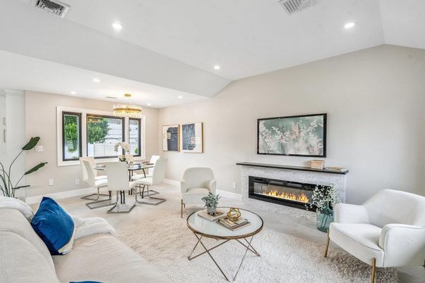 Chandelier, Dining room, Fireplace, Interior, Living room, Recessed Lighting