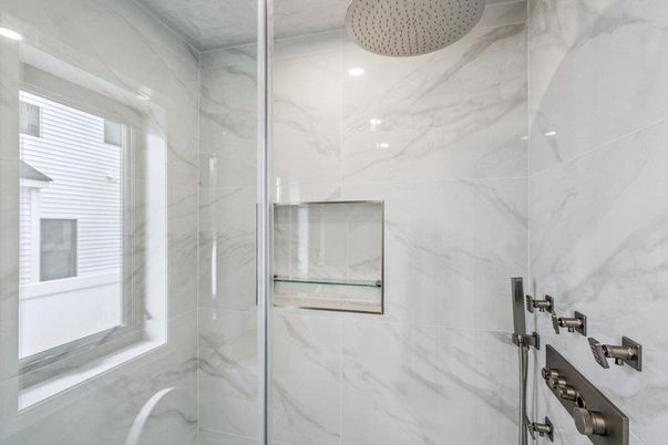 Bathroom, Glass Shower, Interior, Marble Walls, Recessed Lighting