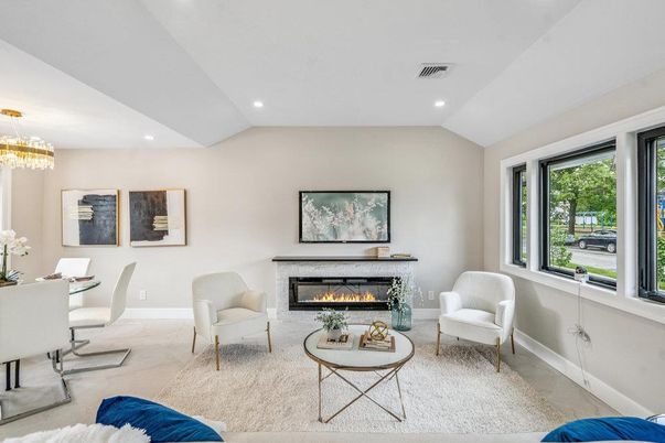 Chandelier, Fireplace, Home Office, Interior, Living room, Recessed Lighting