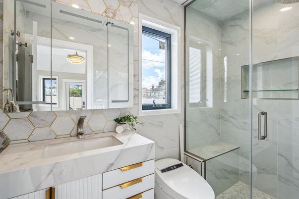 Bathroom, Glass Shower, Interior, Marble Walls