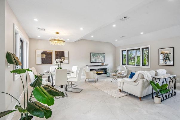 Chandelier, Dining room, Fireplace, Interior, Living room, Marble, Recessed Lighting