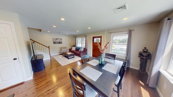 Dining room, Interior, Living room, Recessed Lighting, Wood Texture Flooring