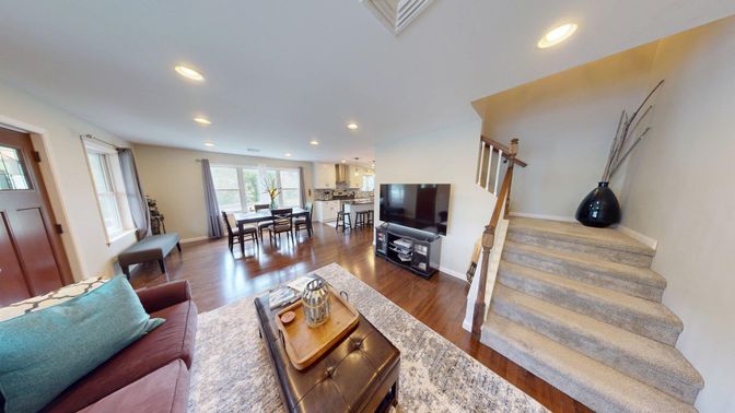 Dining room, Interior, Living room, Recessed Lighting, Wood Texture Flooring