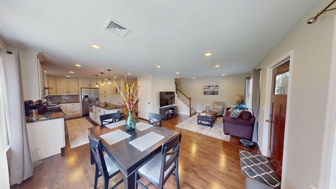 Dining room, Interior, Kitchen, Living room, Pendant Lights, Recessed Lighting, Wood Texture Flooring