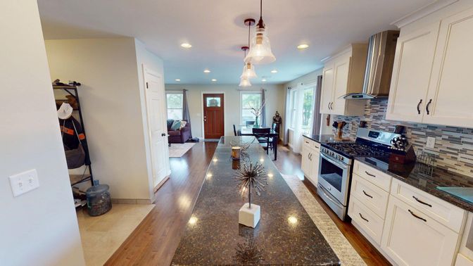 Dining room, Interior, Kitchen, Pendant Lights, Recessed Lighting, Stainless Steel Appliances, Wood Texture Flooring