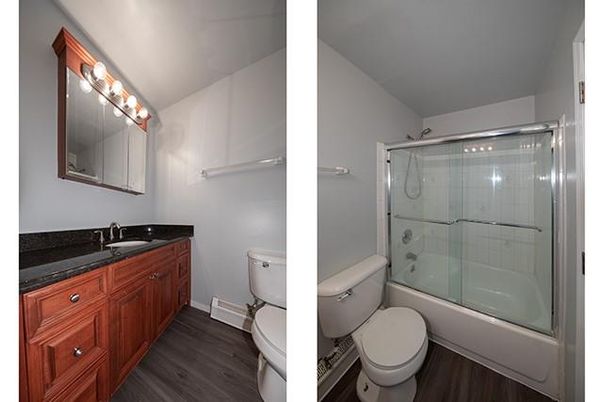 Bathroom, Glass Shower, Interior, Wood Texture Flooring
