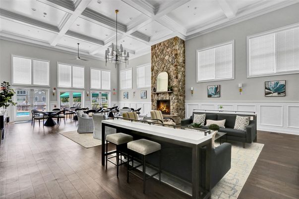 Dining room, Fireplace, Interior, Living room, Pendant Lights, Wood Texture Flooring