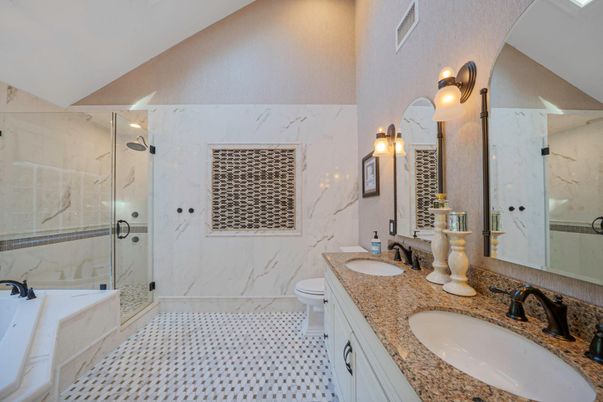 Bathroom, Dual Sink Vanities, Glass Shower, Interior, Marble Walls
