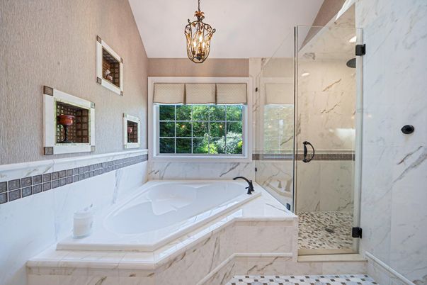 Bathroom, Glass Shower, Interior, Marble Walls, Pendant Lights