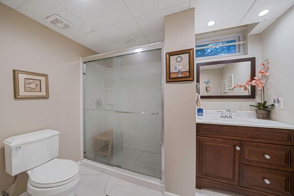 Bathroom, Glass Shower, Interior, Marble, Recessed Lighting
