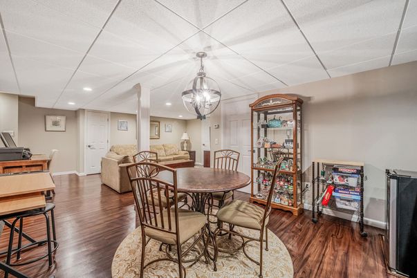 Dining room, Interior, Pendant Lights, Recessed Lighting, Wood Texture Flooring