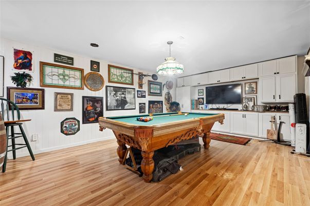 Billiard Table, Game Room, Interior, Pendant Lights, Wood Texture Flooring