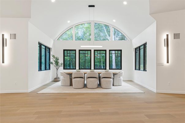 Dining room, Interior, Pendant Lights, Recessed Lighting, Wood Texture Flooring