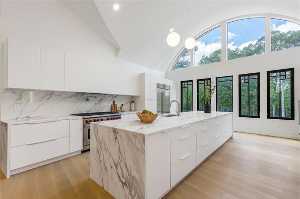 Interior, Kitchen, Marble Walls, Pendant Lights, Recessed Lighting, Wood Texture Flooring