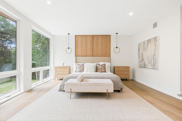 Bedroom, Interior, Pendant Lights, Recessed Lighting, Wood Texture Flooring