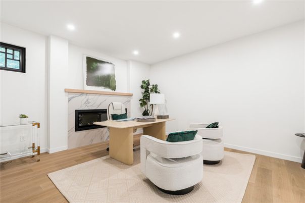 Fireplace, Home Office, Interior, Recessed Lighting, Wood Texture Flooring