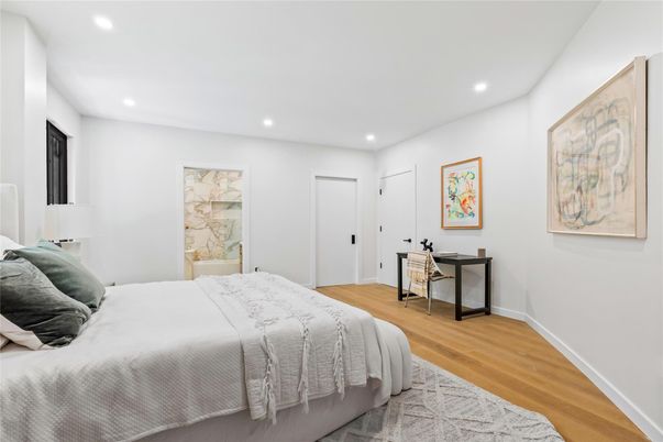 Bedroom, Interior, Recessed Lighting, Wood Texture Flooring