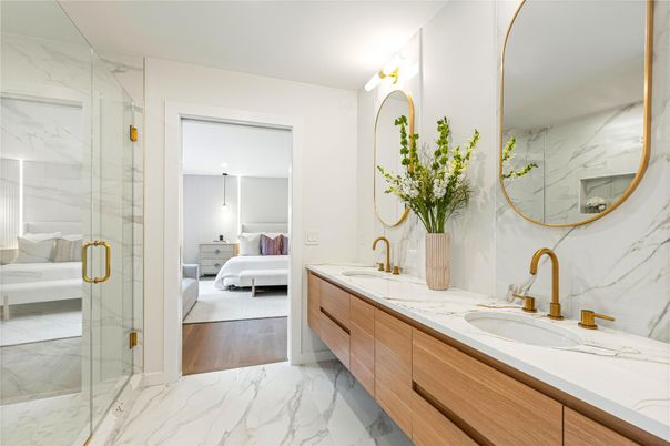 Bathroom, Bedroom, Dual Sink Vanities, Glass Shower, Interior, Marble, Marble Walls, Wood Texture Flooring
