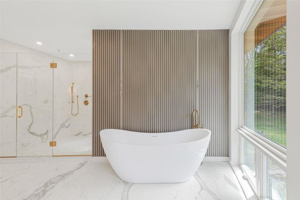 Bathroom, Free Standing Baths, Glass Shower, Interior, Marble, Marble Walls, Recessed Lighting