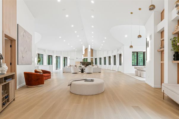 Dining room, Interior, Living room, Pendant Lights, Recessed Lighting, Wood Texture Flooring